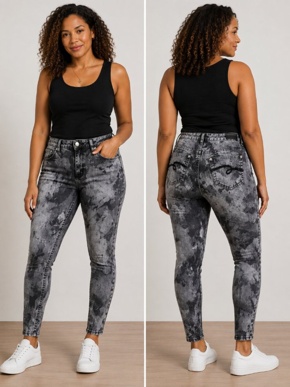 Justice Premium women’s skinny jeans in a unique gray and black acid-wash finish